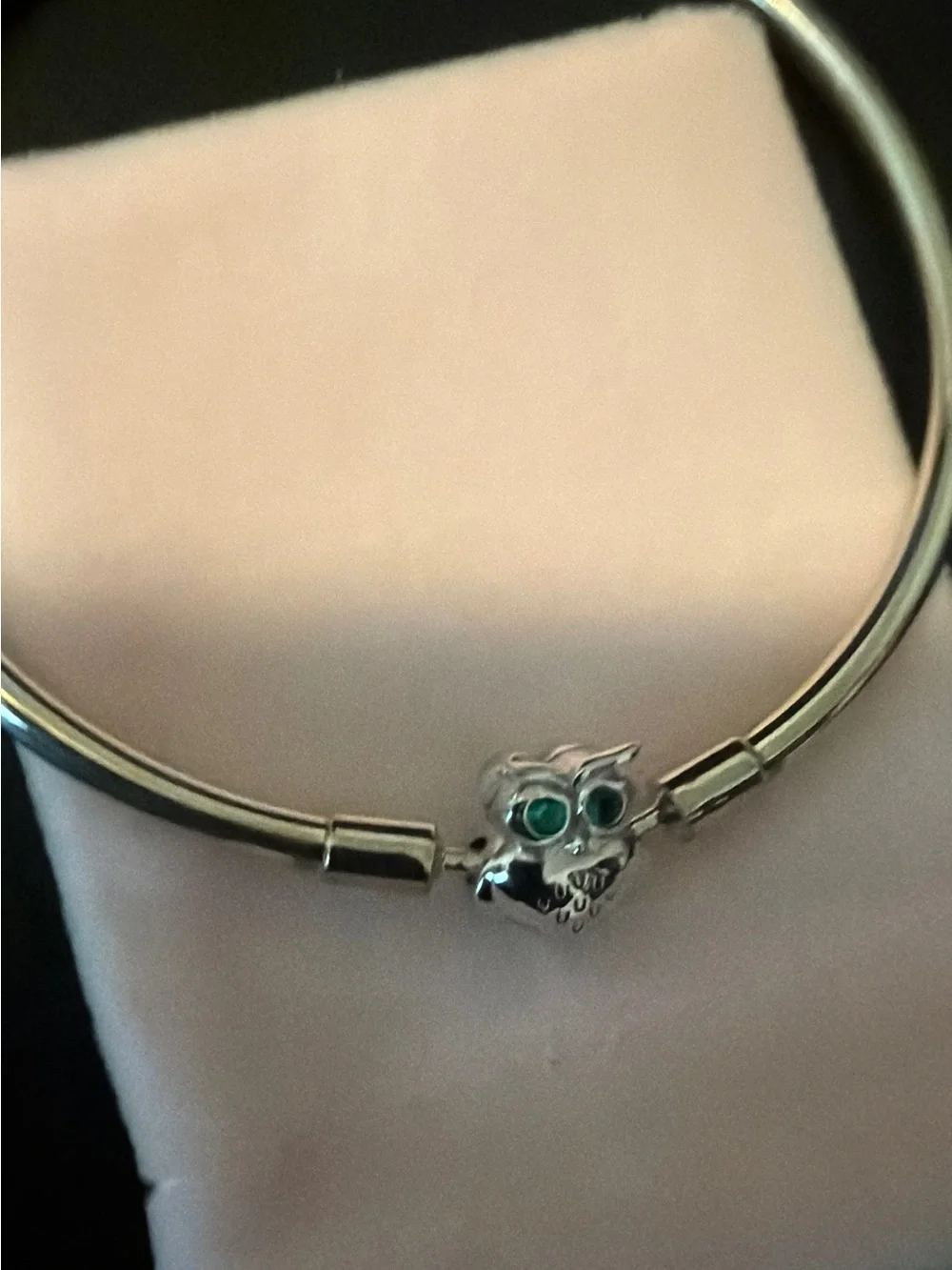 New In Box, Silver Owl Charm Bangle with Green Eyes